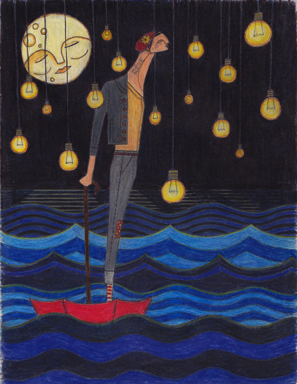 © Scott Valenzuela - Sunny on the Ocean, Oil pastels and Crayons on Paper, 10x8"